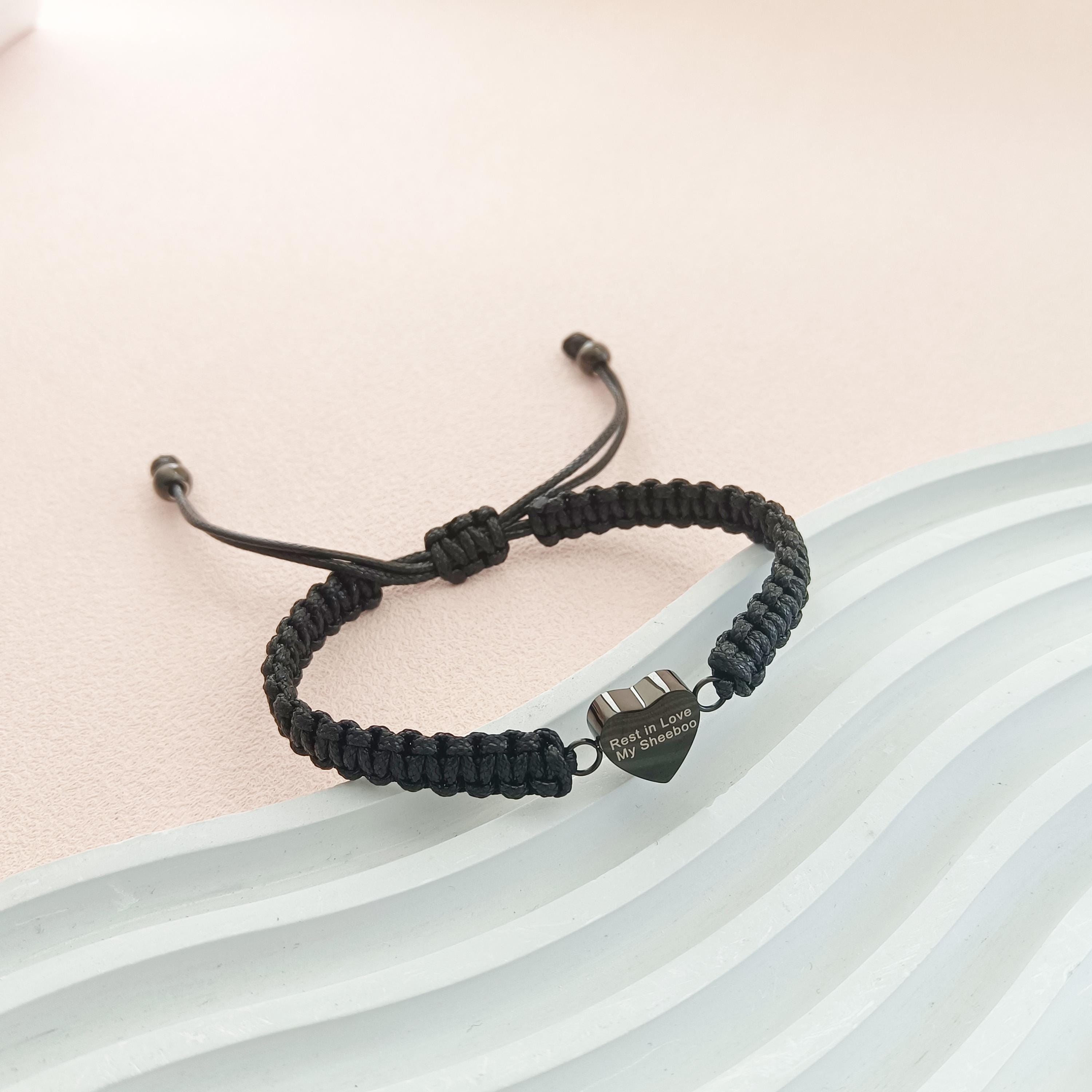MYPOWER Braccialetto per urna funeraria con Impronta di Zampa e Cuore, per Ceneri, in Corda Intrecciata, Regolabile, Gioiello commemorativo per Donne e Uomini, Nero