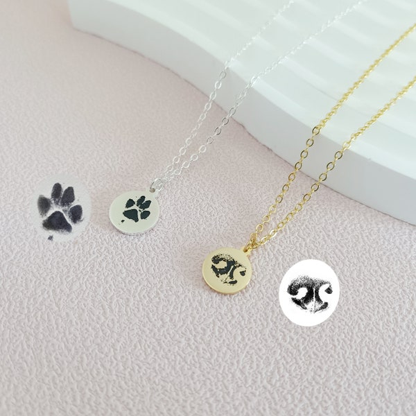 Personalized Paw Print Necklace, Actual Paw Print Necklace, Custom Pet Name Necklace, Dog Paw Nose Print Necklace, Pet Memorial Gift
