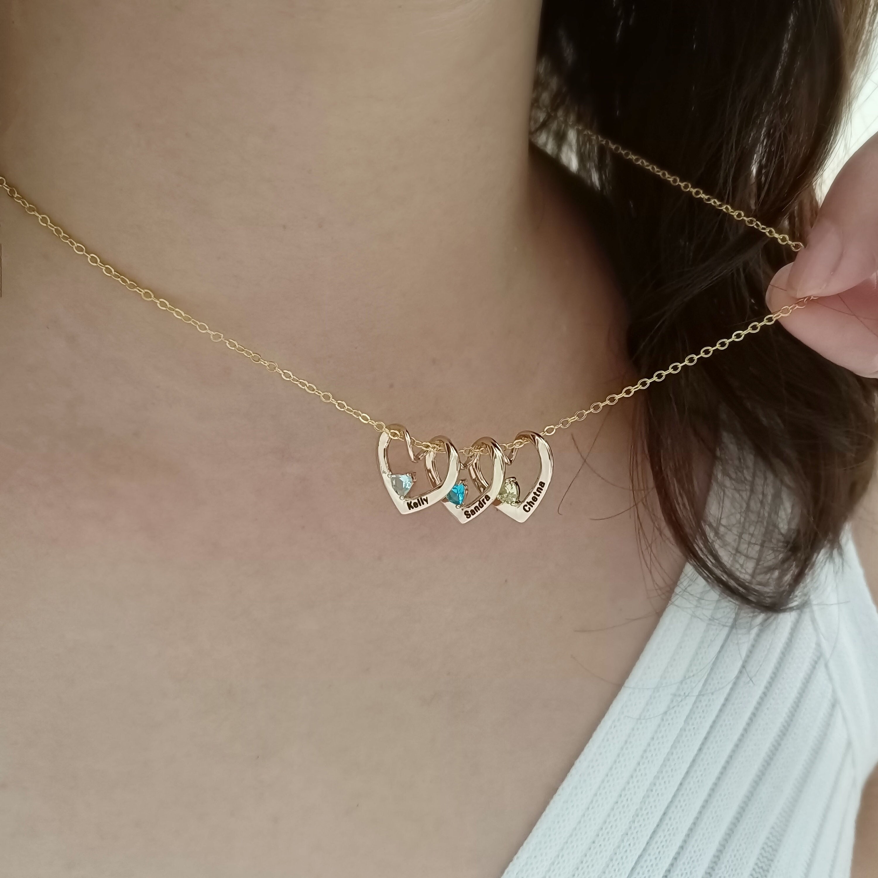 Personalized Birthstone Name Necklace, Custom Name Necklace, Heart Birthstone Necklace, Family Name Jewelry, Gift for Mom