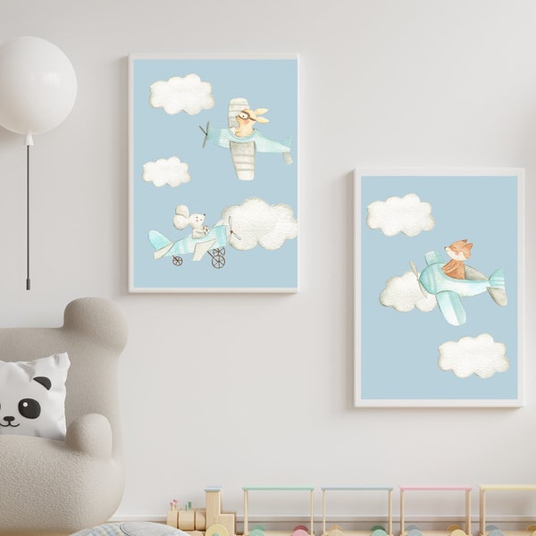 Airplane Nursery Wall Art, Baby Animals Print, Aviation Baby Shower, Boy Baby Shower