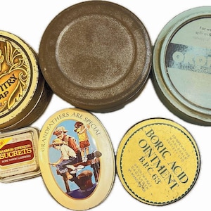 Vintage Tin Collection: Avon Soap tin, Sucrets, Boric Acid Ointment, film, electrical. Small advertisement.