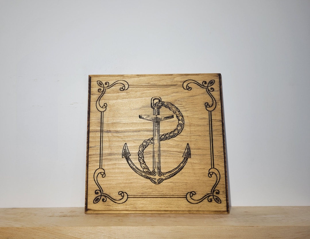 Maritime Anchor, Laser Engraved Wood Wall Art, Square Solid Wood Wall