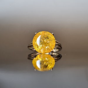 Vintage Sterling Silver Yellow Crackle Quartz Cathedral Statement Ring