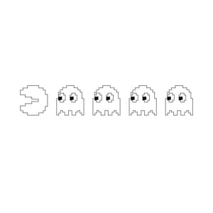 May include: A black and white pixel art graphic featuring a circular character with an open mouth facing right, followed by a horizontal row of four identical ghost-shaped characters, each with two square eyes and a jagged bottom edge.
