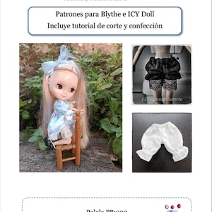 Może przedstawiać: Wzór szycia do uszycia bloomerek dla lalki, o nazwie "Pololo PB:003". Wzór jest przeznaczony dla lalek Blythe i ICY i zawiera samouczek dotyczący krojenia i szycia. Wzór jest oznaczony jako "Nivel Facil", co oznacza "Poziom łatwy" w języku hiszpańskim.