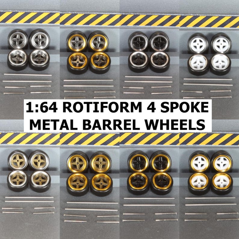 May include: A collection of 1:64 Rotiform 4 spoke metal barrel wheels in various color combinations. The wheels are displayed in sets of four, with silver, gold, black, and white options. Each set includes silver metal axles.