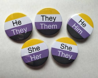 Non binary pronoun badges trans pride LGBTQ+ keyrings magnet mirror they them he she her him custom available best seller flag background