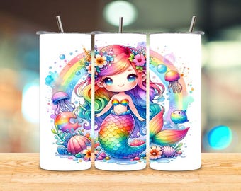 Personalized Mermaid 20oz Tumbler, Rainbow Water Bottle, back to school