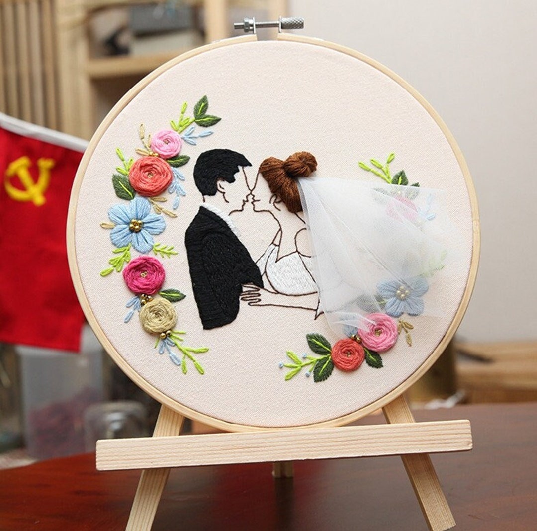 Bride and Groom Embroidered Hoop Art; Wedding Gift; 5 1/4 inches;  Handstitched