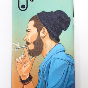 May include: A phone case with a graphic of a man wearing a blue shirt and a black beanie, smoking a cigarette. The background is a light green color.