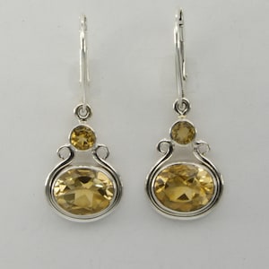 Sterling Silver (925) Leverback - Yellow Citrine Oval Dangle / Drop  Earrings - Lever back