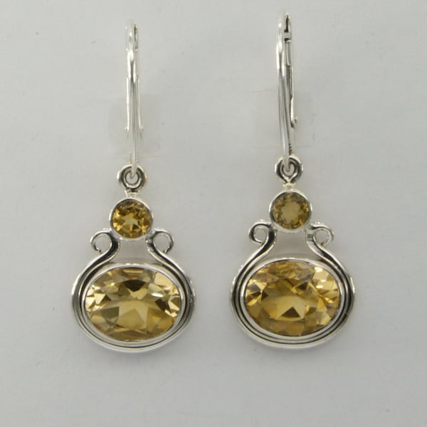 Sterling Silver (925) Leverback - Yellow Citrine Oval Dangle / Drop  Earrings - Lever back