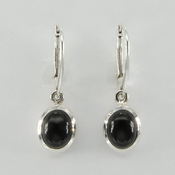 Sterling Silver (925) Leverback - Black Onyx Oval - Dangle / Drop  Earrings - Lever back