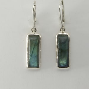Sterling Silver (925) Leverback - Rectangle / Square Labradorite Dangle / Drop  Earrings - Lever back