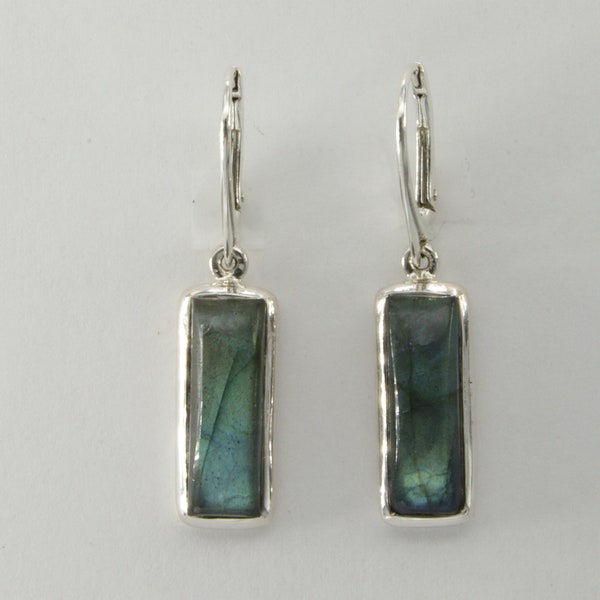 Sterling Silver (925) Leverback - Rectangle / Square Labradorite Dangle / Drop  Earrings - Lever back