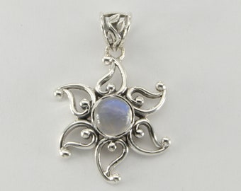 Sterling Silver (925) - Rainbow Moonstone Sun / Star Pendant