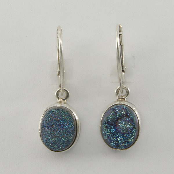 Sterling Silver (925) Leverback - Oval Druzy Quartz / Druse / Drusy - Dangle / Drop  Earrings - Lever back