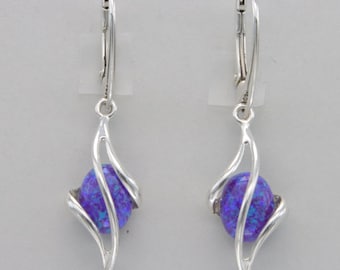 Oval Purple Fire Opal Dangle Swirl Leverback Earrings - Lever back - 925 Sterling Silver