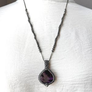 Macrame Pendant with Amethyst Stone, Silver Colored Stainless Steel Accent Beads, and Adjustable Necklace
