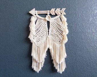 Macrame Angel Wings on Rustic Arrow Decoration, Angelic Nursery Art, Guardian Angel Cotton Tapestry