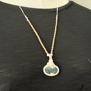 Ocean-Themed Macrame Necklace with Marcasite Agate Stone, White Bead Accents, and Adjustable Necklace