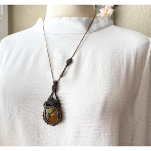 Macrame Green Opal Pendant with Branch and Leaf Design and Adjustable Necklace
