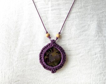 Macrame Pendant with Amethyst Composite Stone, Wooden Accent Beads, and Adjustable Necklace
