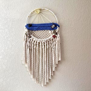 Macrame Wall Hanging Beach Scene, Sun, Ocean, Sea Turtle, Manta Ray, & Crab