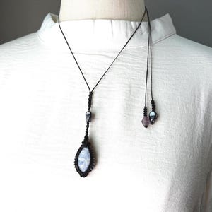 Macrame Necklace with Kyanite Stone, Blue & Purple Accent Beads, and Black Colored Adjustable Necklace