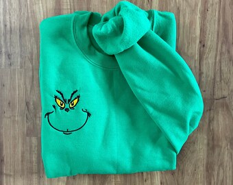 Grinch Face Sweatshirt, Crewneck Sweatshirt, Christmas Sweatshirt, Holiday, Winter, Adult