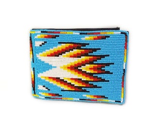 Handmade Native American Style Beaded Genuine Leather Wallet, Bifold Wallet, Mini Purse, Card Holder Wallets (Sky Blue)