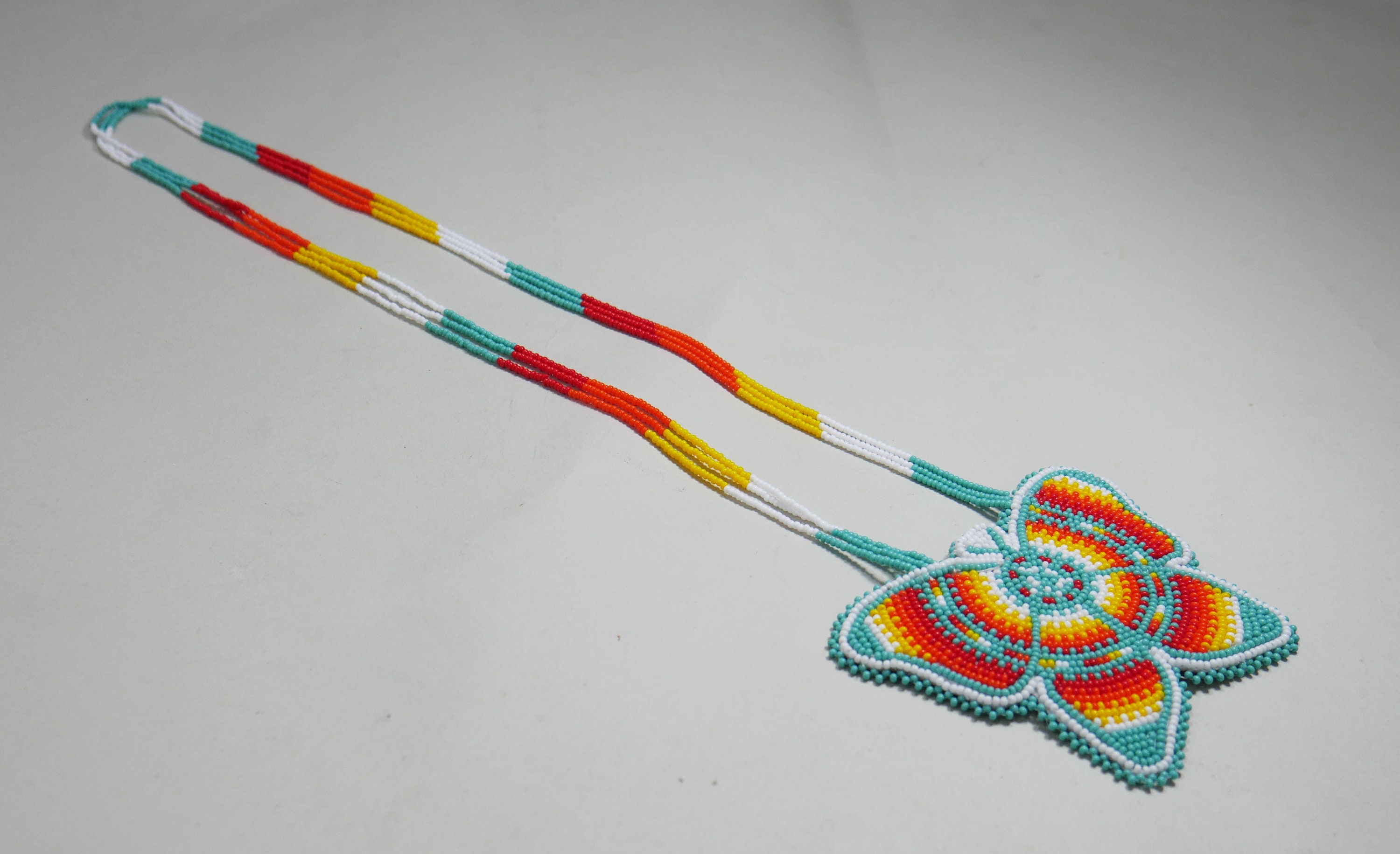 Turquoise Beaded Butterfly Medallion , Unisex Pendant, Medicine Wheel