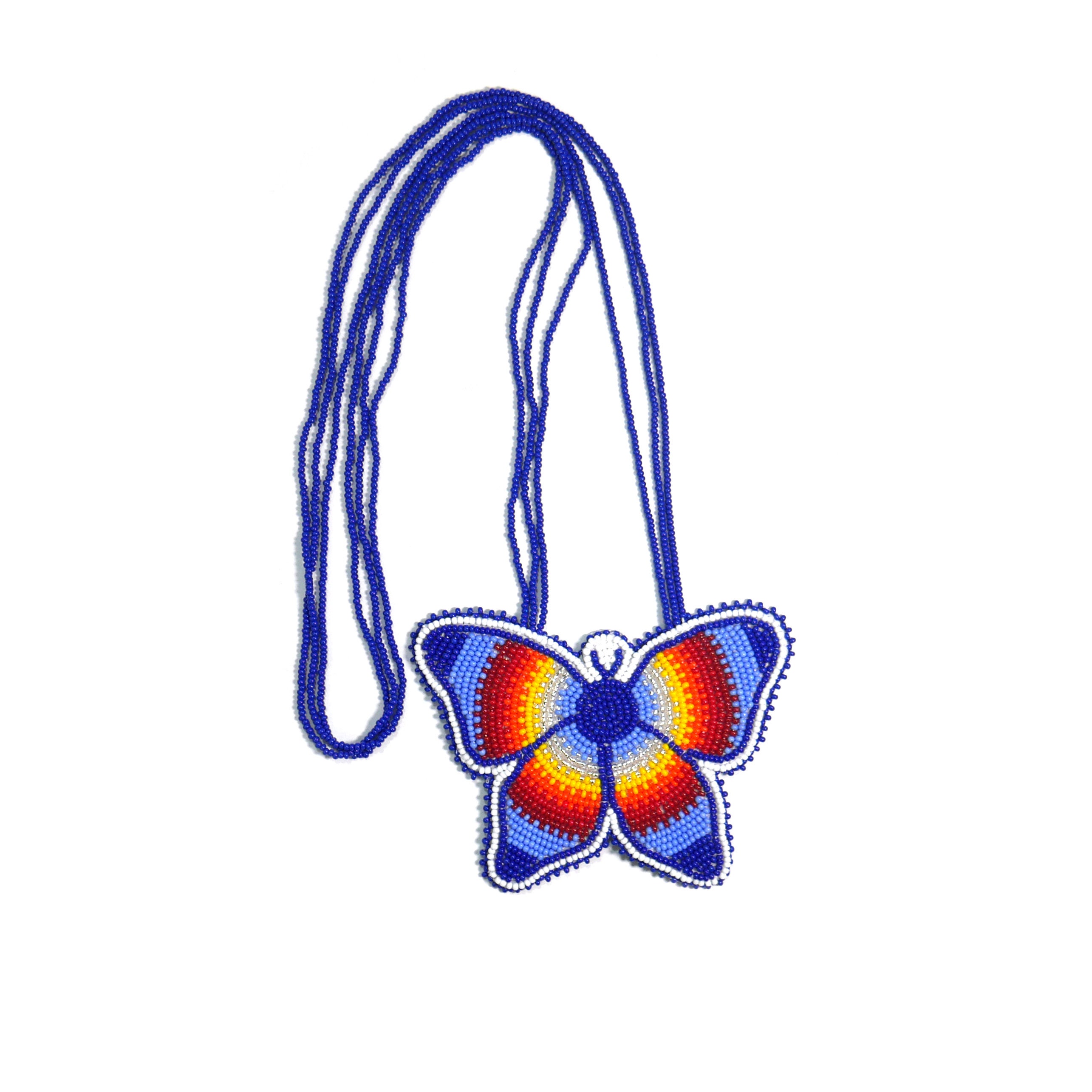 Blue Beaded Butterfly Medallion , Unisex Pendant, Medicine Wheel