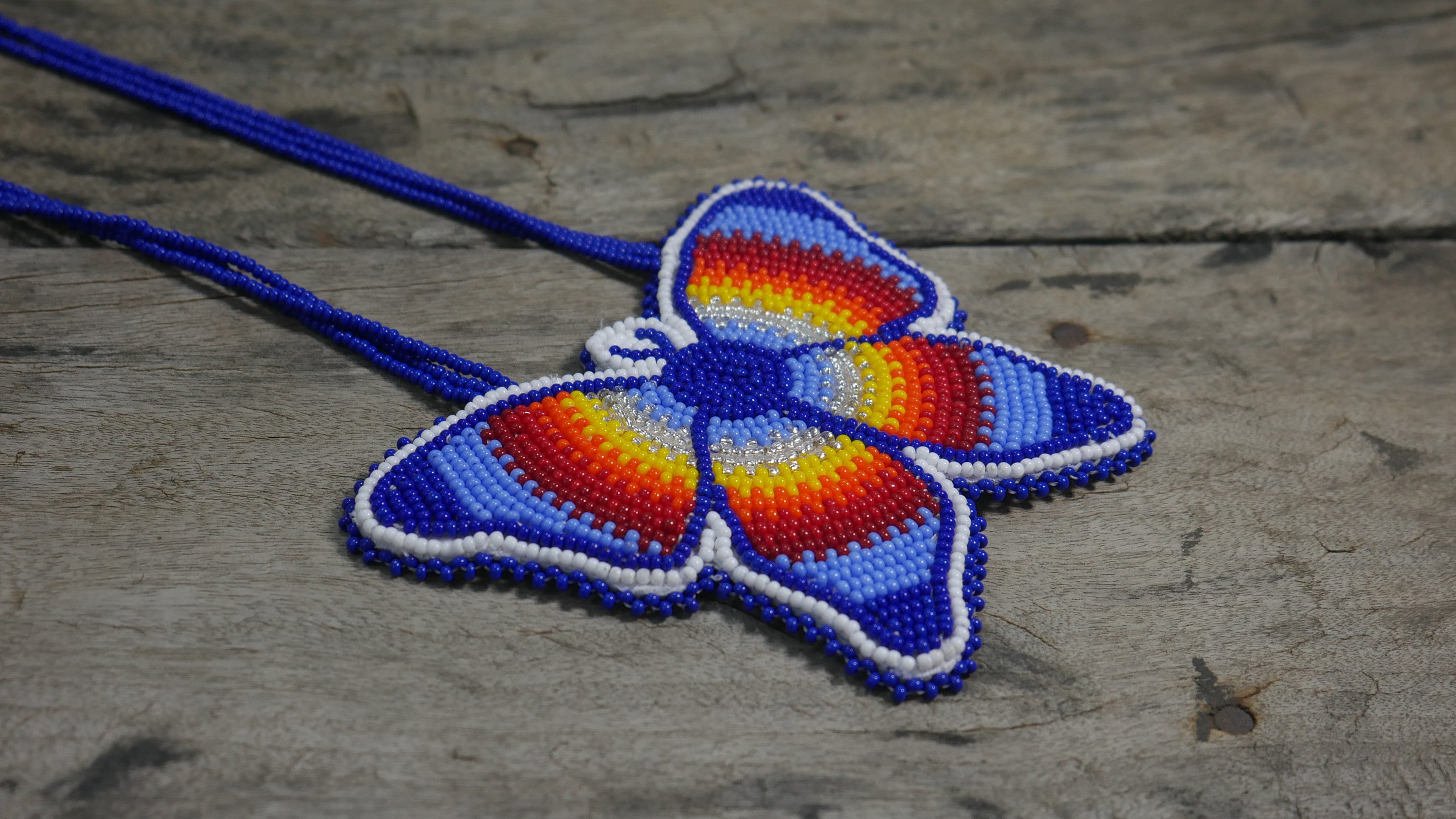 Blue Beaded Butterfly Medallion , Unisex Pendant, Medicine Wheel