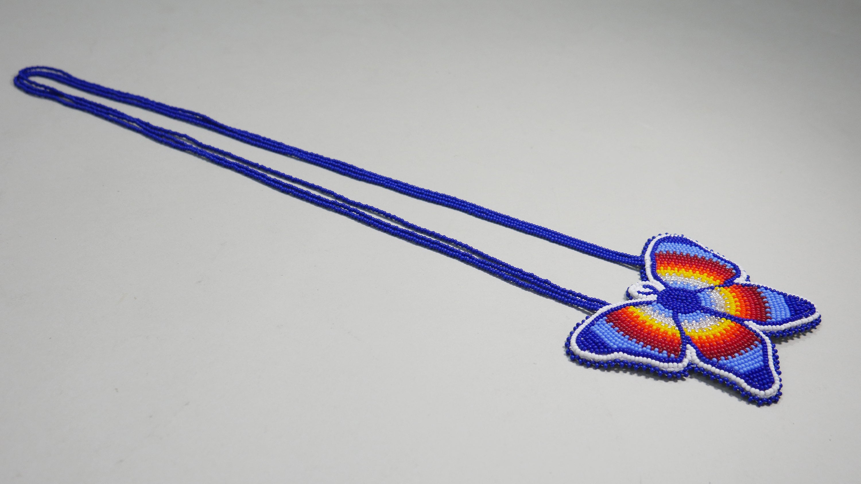 Blue Beaded Butterfly Medallion , Unisex Pendant, Medicine Wheel