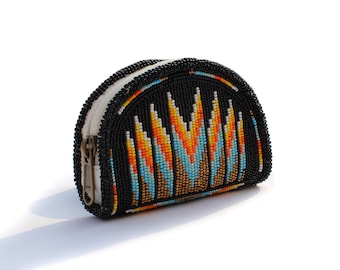 Native American Style Beaded Coin Purse,Change Purse For Women,Zippered Change Pouch Wallet,Small Leather Pouch,designer key pouch(Black)