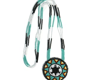 Turtle Beaded Medallion , unisex pendant, Medicine Wheel necklace , Handmade (Turquoise)