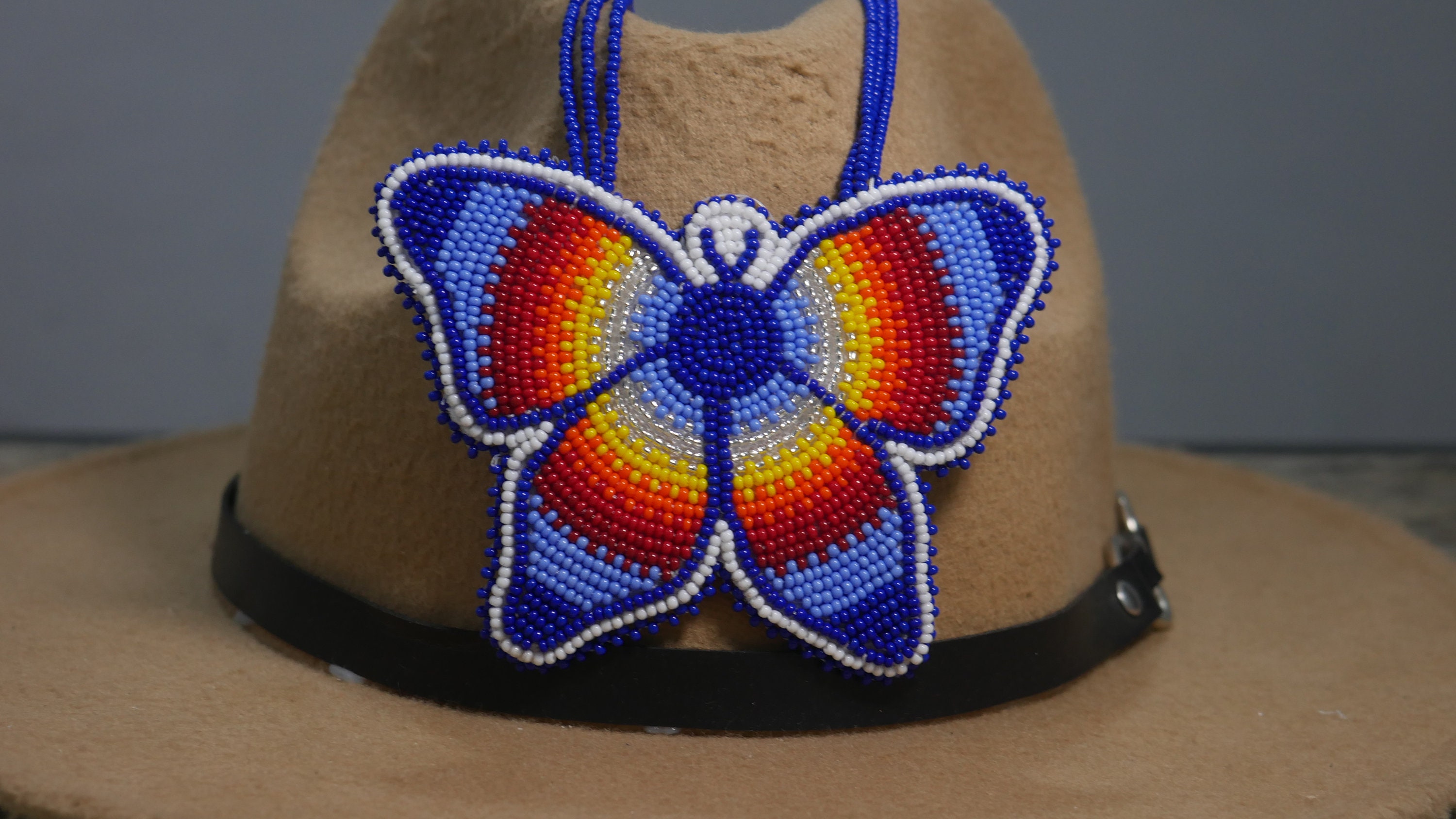 Blue Beaded Butterfly Medallion , Unisex Pendant, Medicine Wheel