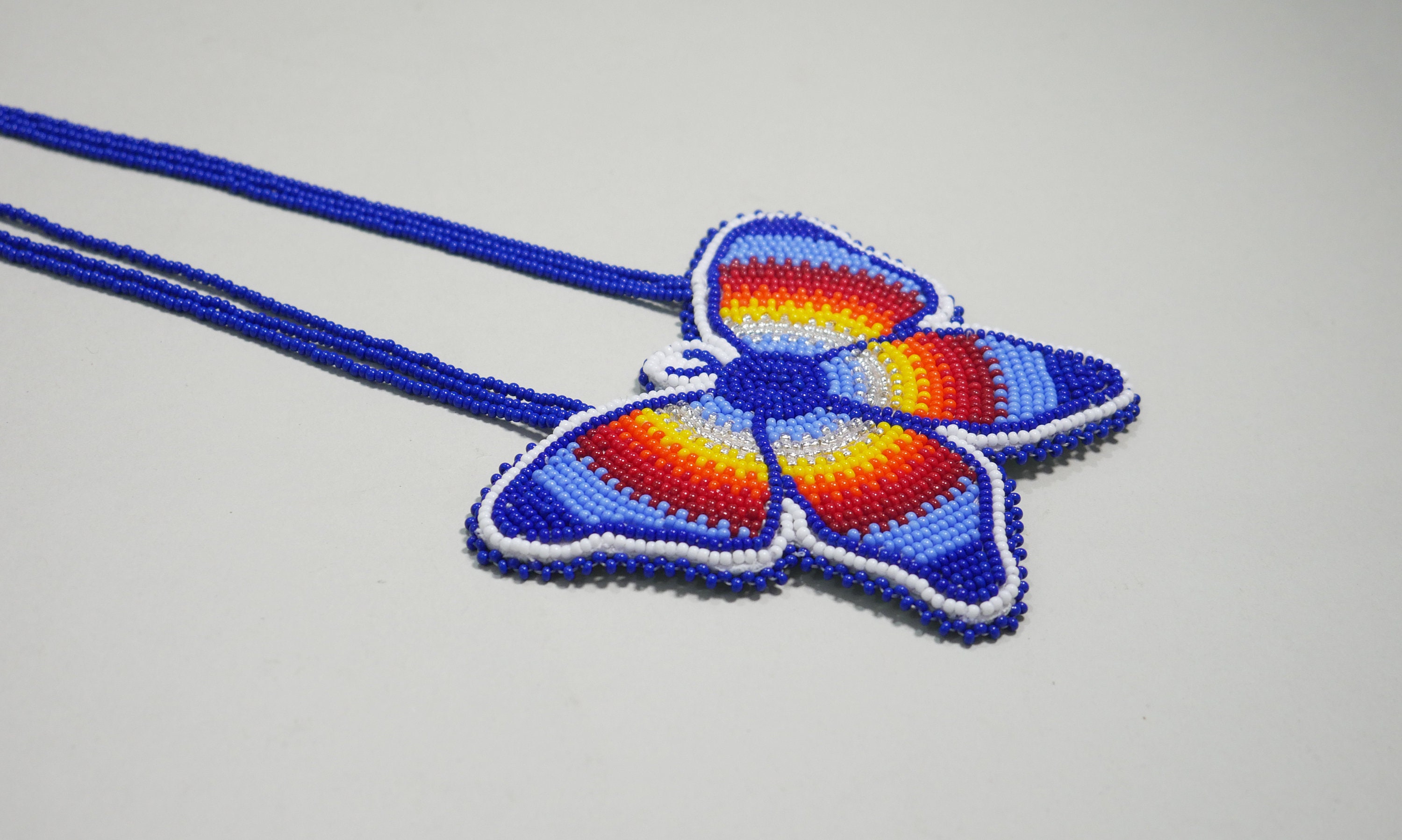 Blue Beaded Butterfly Medallion , Unisex Pendant, Medicine Wheel