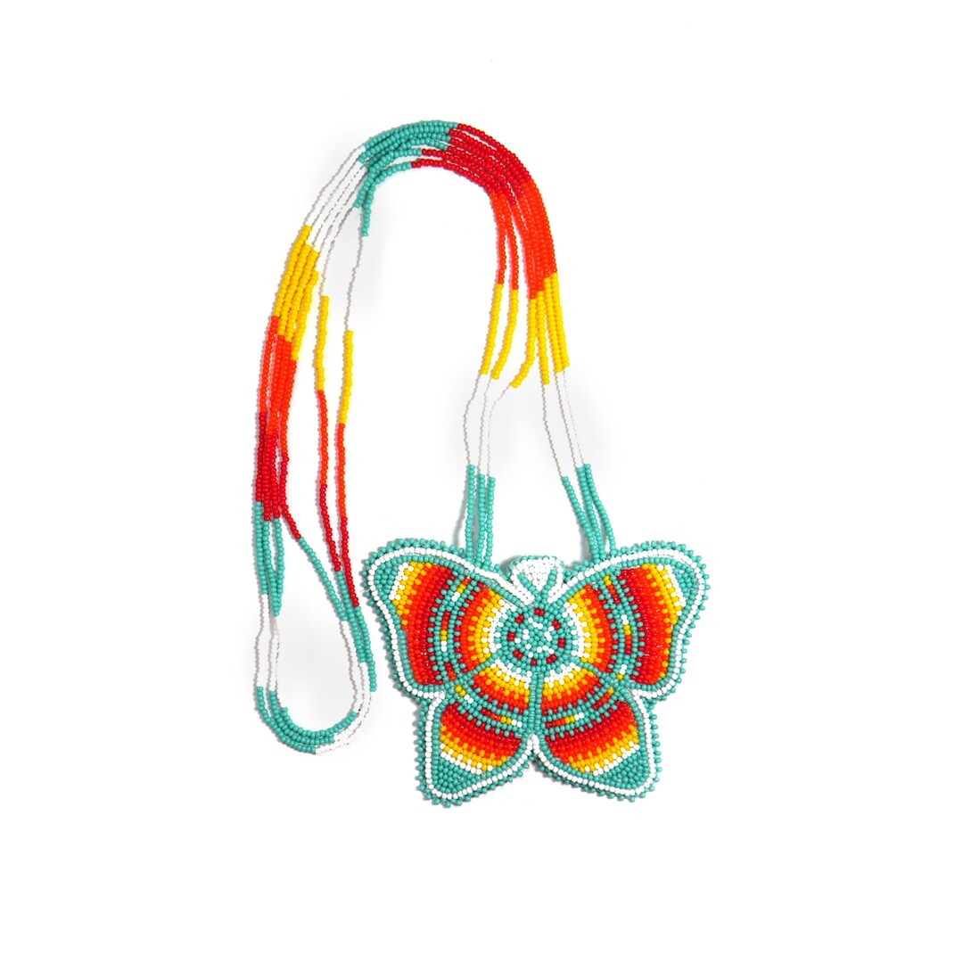 Turquoise Beaded Butterfly Medallion , Unisex Pendant, Medicine Wheel