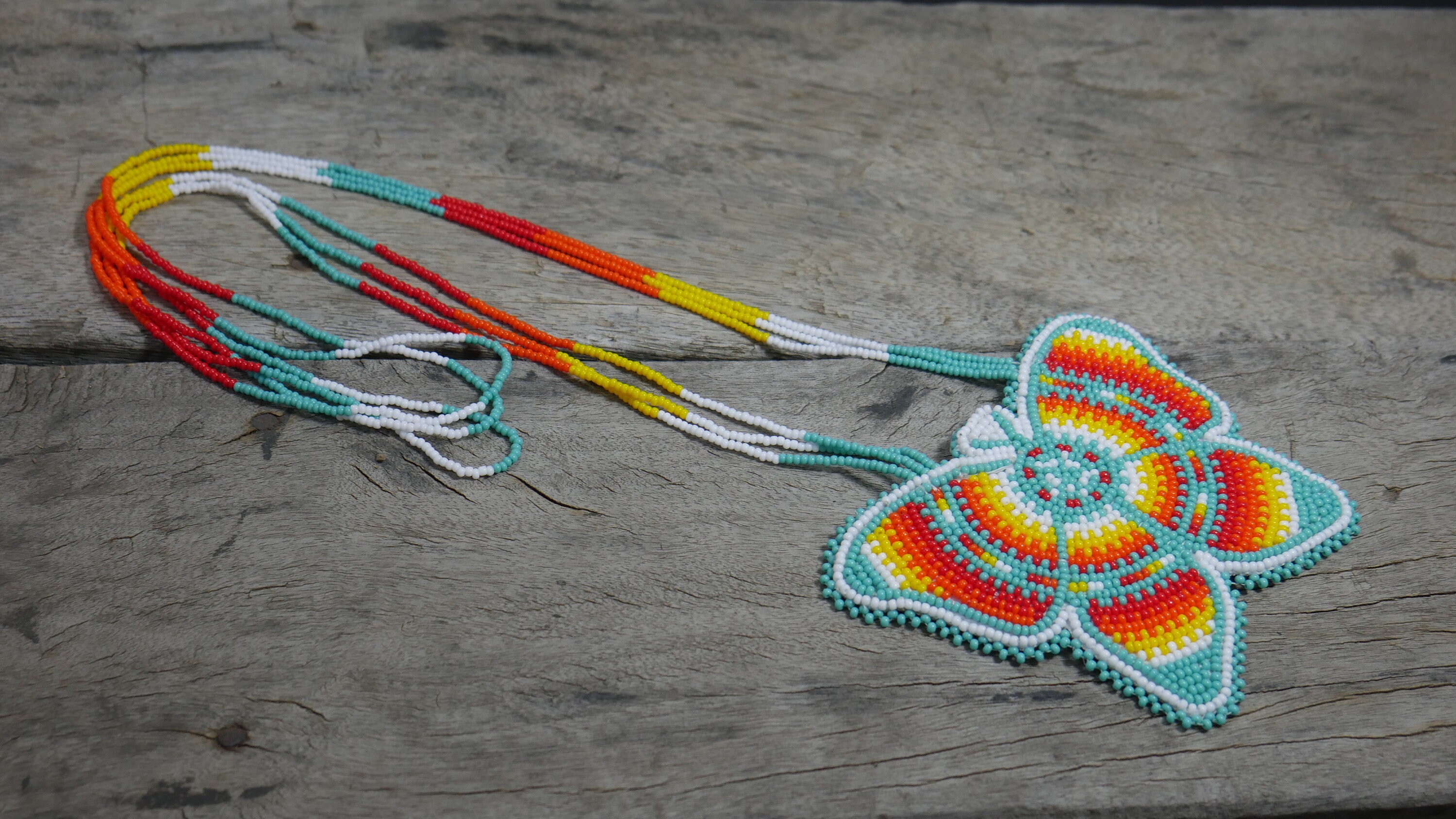 Turquoise Beaded Butterfly Medallion , Unisex Pendant, Medicine Wheel