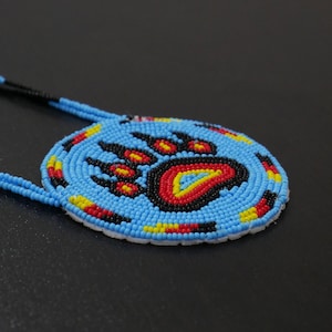 Bear Paw Beaded Medallion , unisex pendant, Medicine Wheel necklace , Handmade