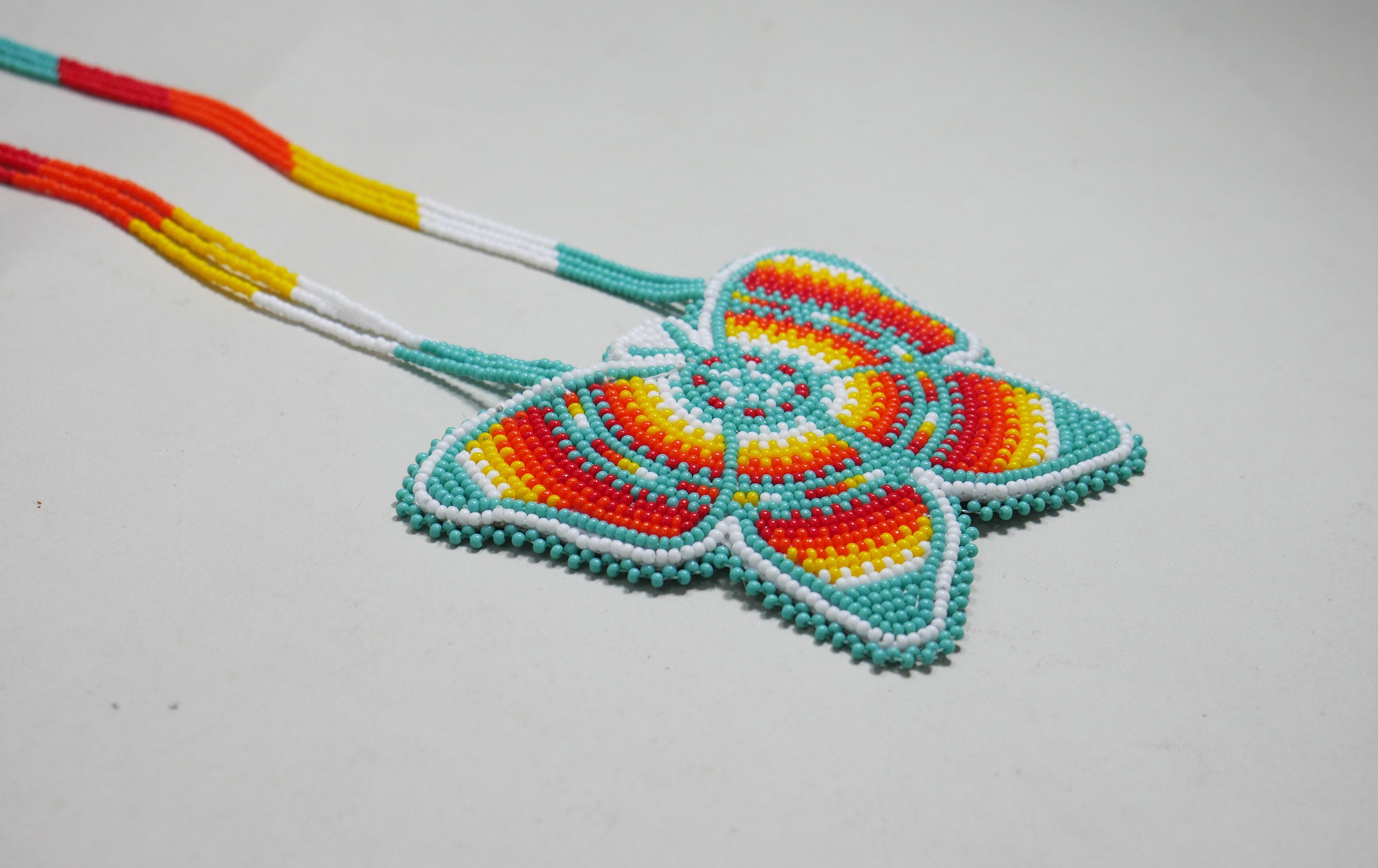 Turquoise Beaded Butterfly Medallion , Unisex Pendant, Medicine Wheel