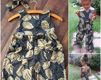 Girl Romper/Girl Jumpsuit/Girl Summer Outfit/Girl Spring Outfit/ Loose Fit Overall/ Botanical Romper/Leaf Pattern Jumpsuit/Modern Polka Dot
