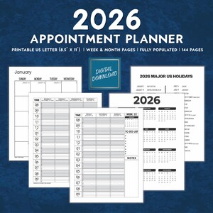 Könnte beinhalten: Ein digitaler 2026-Terminplaner mit Wochen- und Monatsseiten. Er ist auf US Letter-Papier (21,6 x 27,9 cm) druckbar und umfasst 144 Seiten. Das Design bietet ein Kalenderlayout mit Platz für Notizen und To-Do-Listen.