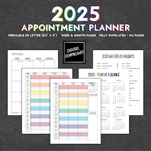 Può includere: Un planner di appuntamenti stampabile per il 2025 con pagine di calendario settimanali e mensili. Il planner include un calendario annuale, un elenco di cose da fare e sezioni di note. Il planner è progettato per carta di formato lettera US (21,6 x 27,9 cm).