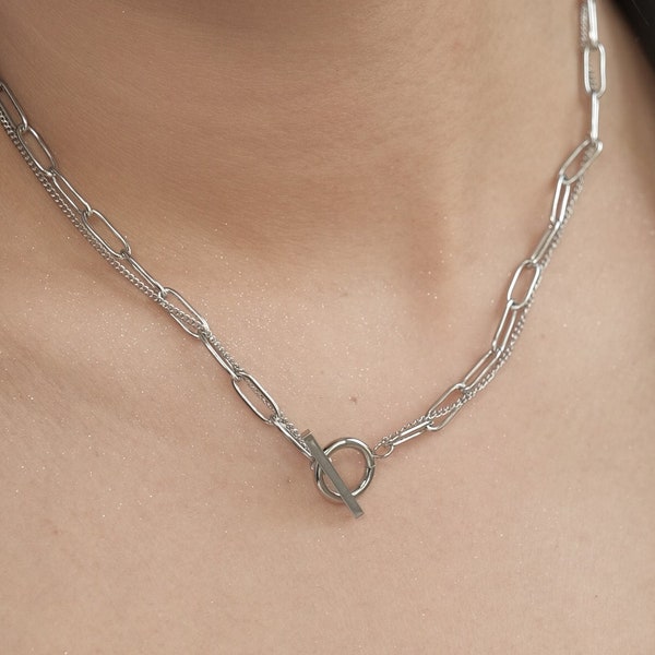 Silver Toggle Necklace | Toggle Paperclip Chain | Toggle Choker | Mix Chain Necklace | Tarnish Free