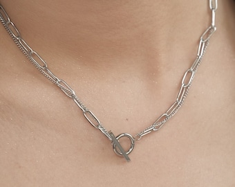 Collier à bascule en argent | Toggle Chaîne de trombone | Tour de cou à bascule | Collier chaîne Mix | Sans ternissement