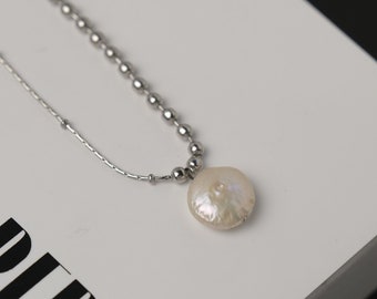 Silver Baroque Pearl Pendant Necklace | Half and Half Necklace | Silver Pendant Necklace | Silver Chain | Minimalist Necklace | Modern