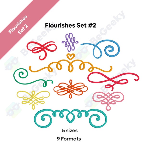 PES SET #2 Flourishes Accents and Curly Swirly Digital Machine Embroidery | 5 sizes | Set of 10 PES + 8 more formats